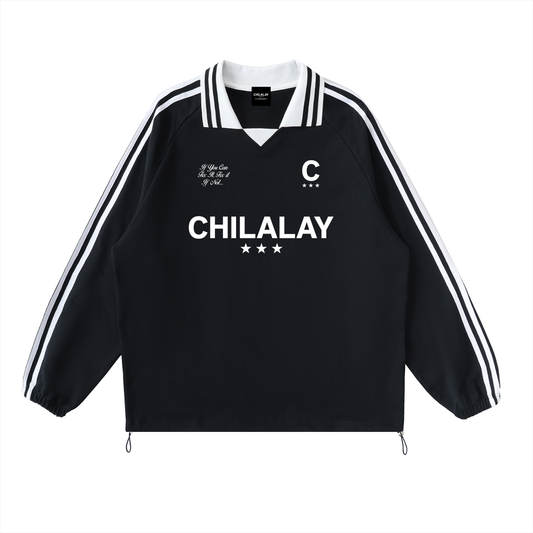 Chialay Logo Striped Lapel Collar Top - Black